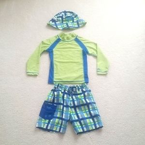 Uv Skinz 4T Bundle Long Sleeve Swim Shirt, Board Shorts, and Bucket Hat